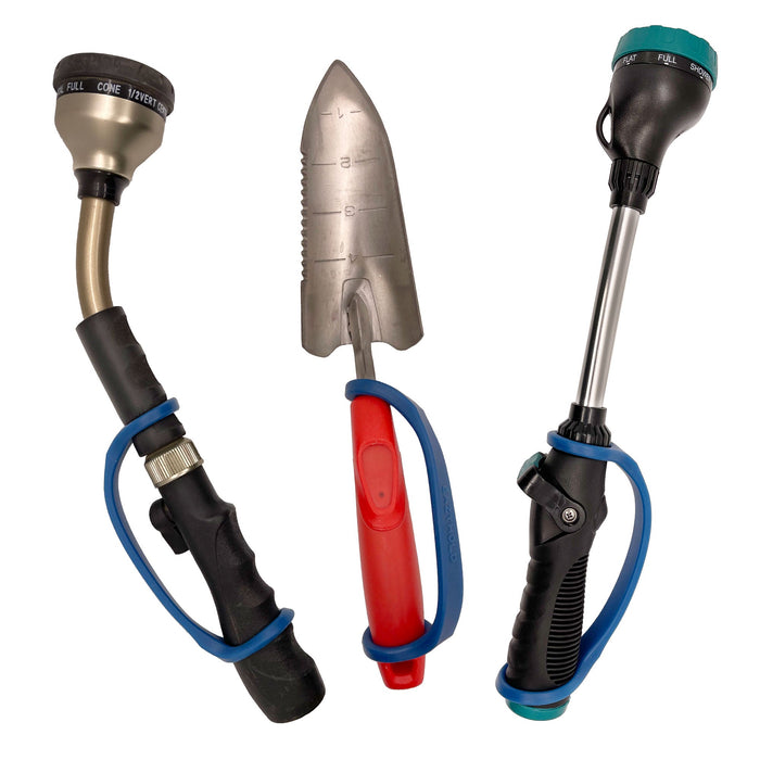 Three garden tools including a flexible hose, trowel, and adjustable nozzle with a navy EaZyHold Grip Aid on a white background
