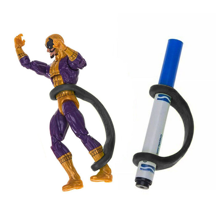 Action figure and blue marker with a black EaZyHold Grip Aid on a white background