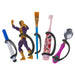 Colorful children's utensils and toys including a brush, action figure, toothbrush, spoon, and marker with a black EaZyHold Grip Aid holding each item on a white background 