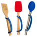 Set of three kitchen utensils with a navy EaZyHold Grip Aid on a white background