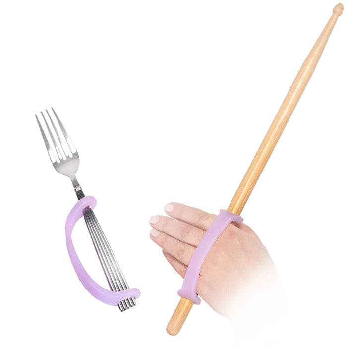 Hand holding a drum stick and a fork with a lavendar EaZyHold Grid Aid on a white background