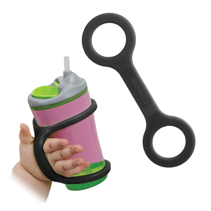 Sippy cup held with a black EaZyHold Grip Aid on a white background