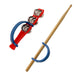 Jingle bell instrument and drum stick with a navy EaZyHold Grip Aid on a white background