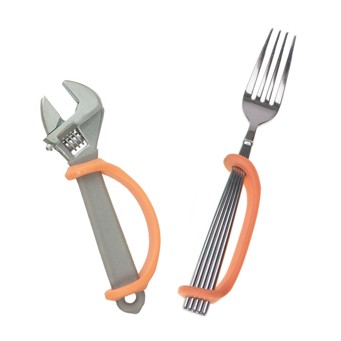 Wrench and fork with an orange EaZyHold Grip Aid on a white background