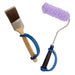 Paintbrush and paint roller with a navy EaZyHold Grip Aid on a white background