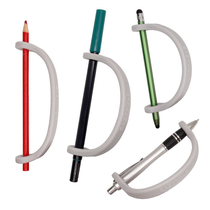 Set of four pens with a silver EaZy Hold Grip Aid on a white background