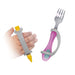 Yellow crayon and pink children's fork held with a platinum EaZyHold Grip Aid on a white background