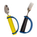 Silver spoon and fork with a blue EaZy Hold Grip Aid on a white background