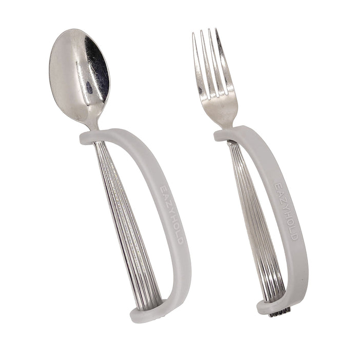 Silver spoon and fork with a silver EaZy Hold Grip Aid on a white background