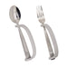 Silver spoon and fork with a silver EaZy Hold Grip Aid on a white background