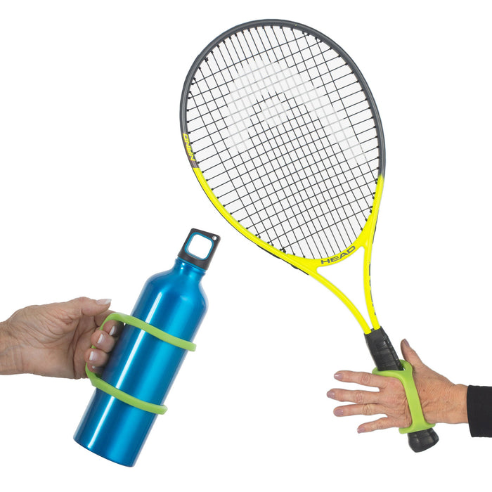 Tennis racket and blue water bottle held by hands with an EaZyHold Grip Aid
