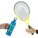 Tennis racket and blue water bottle held by hands with an EaZyHold Grip Aid