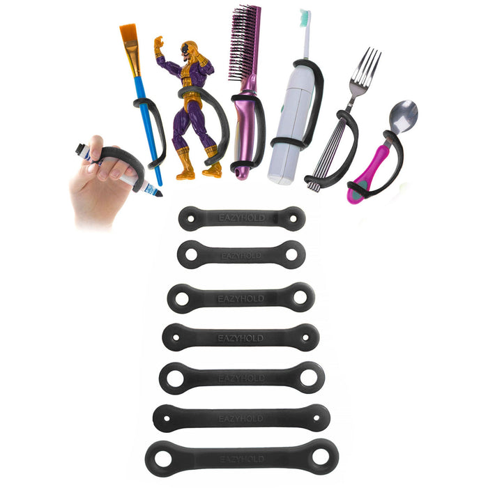 Colorful tools with a black EaZyHold Grip Aid on a white background