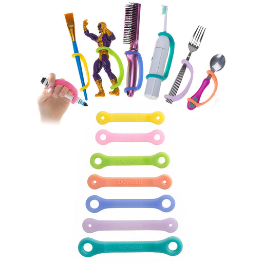 Colorful tools with an EaZyHold Grip Aid on a white background