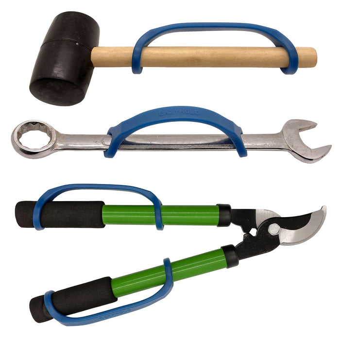 Set of garden tools including a mallet, wrench, and lopper with an EaZyHold Grip Aid on a white background