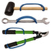 Set of garden tools including a mallet, wrench, and lopper with an EaZyHold Grip Aid on a white background