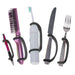 Set of tools including a hairbrush, toothbrush, knife, and fork with a black EaZyHold Grip Aid on a white background