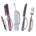 Set of tools including a hairbrush, toothbrush, knife, and fork with a platinum EaZyHold Grip Aid on a white background
