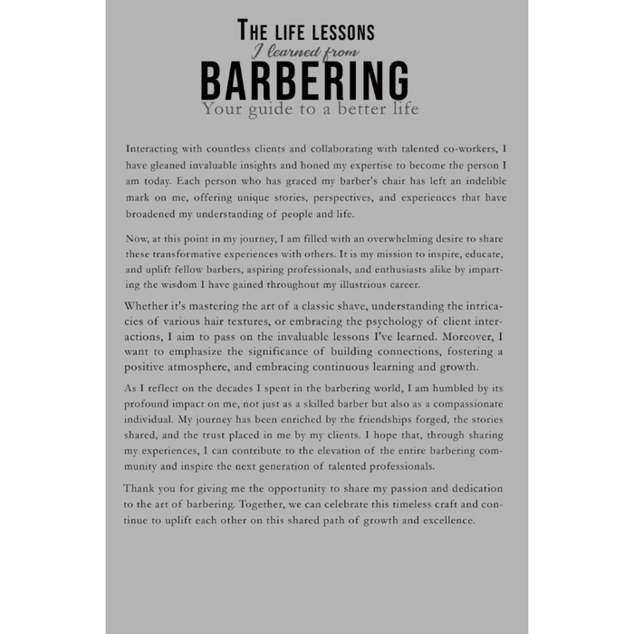 Back cover of 'The Life Lessons I Learned As A Barber' on a white background