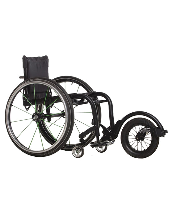 FreeWheel Wheelchair Attachment Black on a wheelchair on a white background.