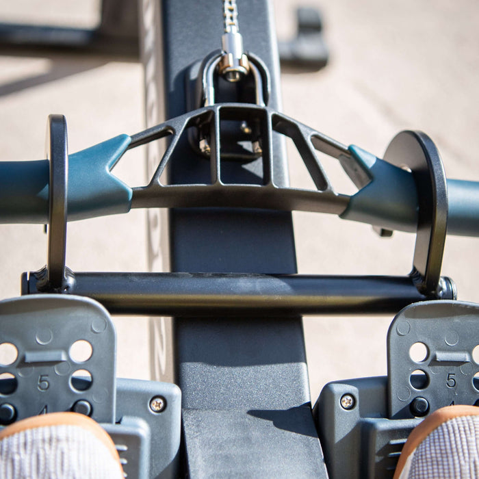 Detail of Equip Products Rowing Hook in use on a rowing machine.