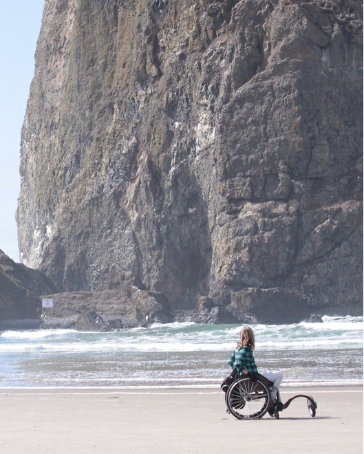 FreeWheel Wheelchair Attachment user looking at the ocean from the beach.