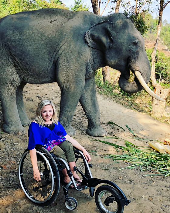 FreeWheel Wheelchair Attachment user with an elephant in the woods.