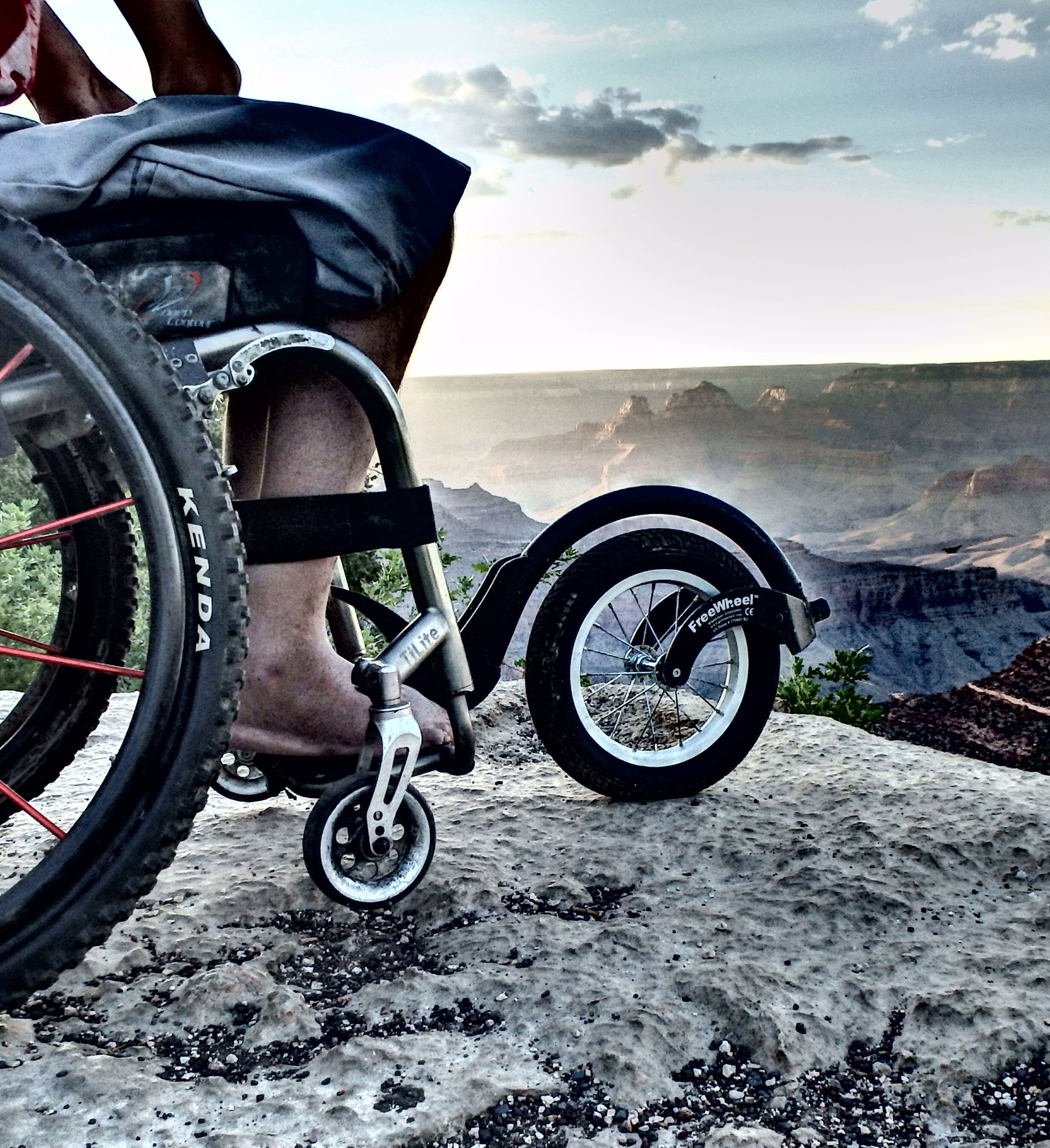 Detail of a FreeWheel Wheelchair Attachment Black at the grand canyon.