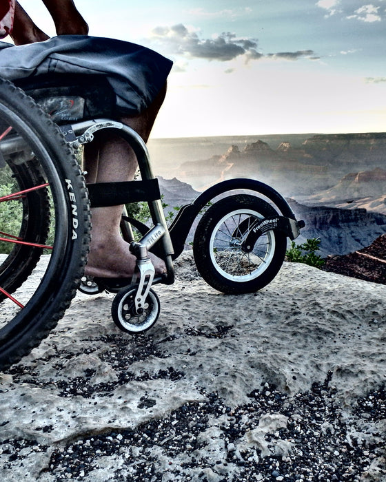Detail of a FreeWheel Wheelchair Attachment Black at the grand canyon.