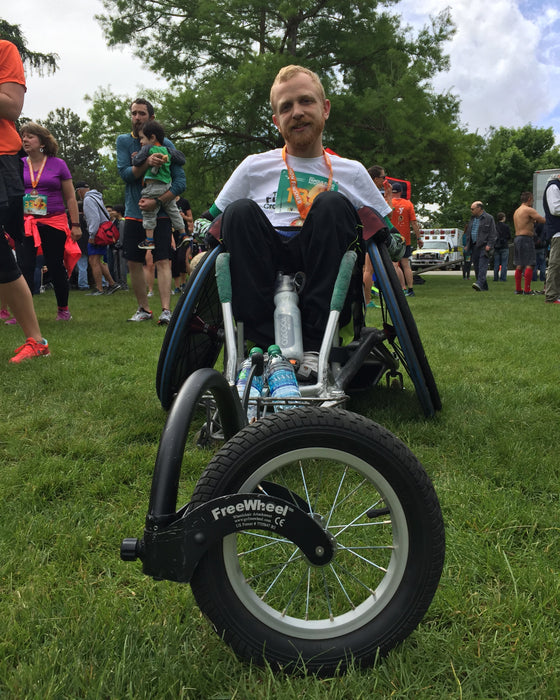 FreeWheel Wheelchair Attachment user before a half marathon.