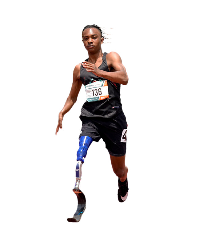 Athlete with a prosthetic leg running.