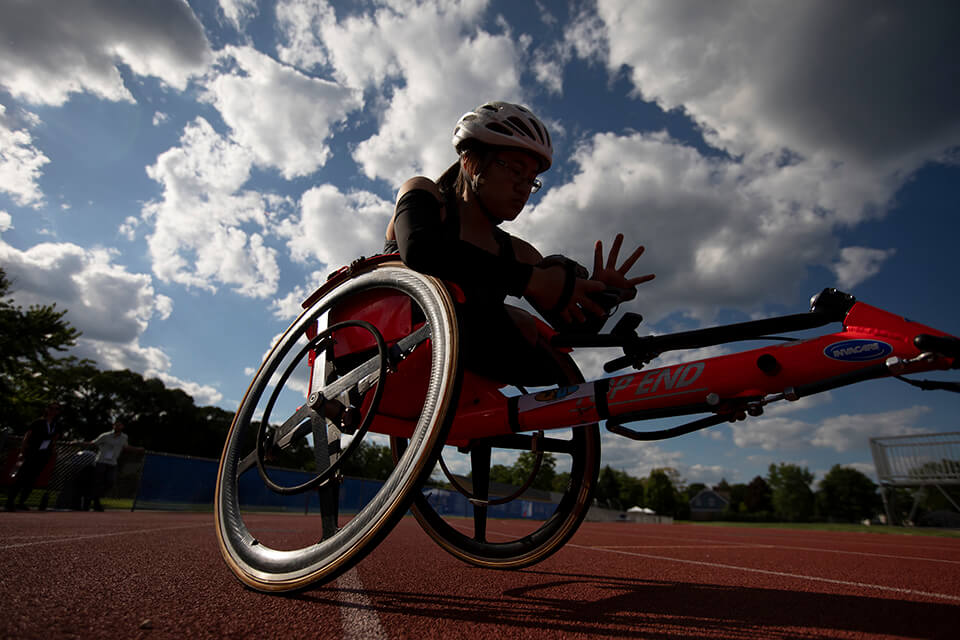 Athlete getting ready to race in the wheelchair track event at the Great Lakes Games.