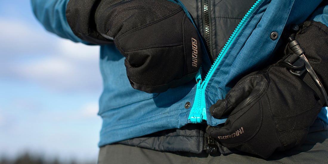 MagZip Magnetic Zipper Top Stopped Round Base #5 in use on a zip up hoodie being zipped up with gloved hands