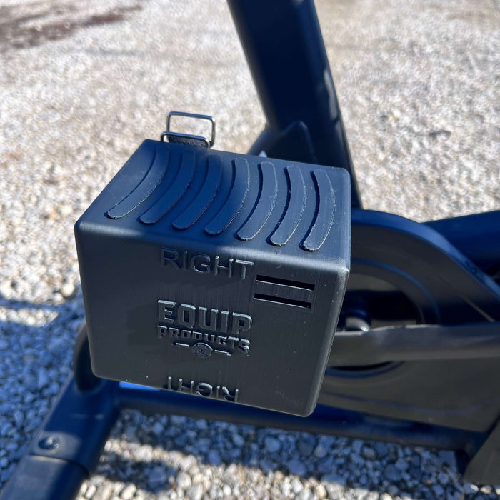 Detail of the right Equip Products Stationary Bike Pedal Block on a stationary bike.