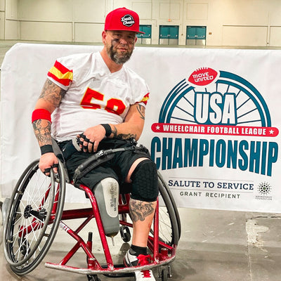 Team Amplife® Ambassador Jason Loftiss wearing the Death Cheater® Halo Flat Bill Snapback after competing in the Move United Wheelchair Football Superbowl as the Kansas City Chiefs.