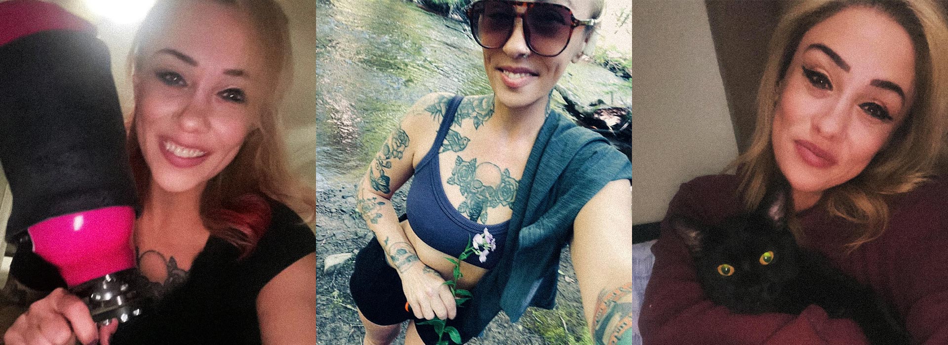 Three photo collage of Team Amplife® Ambassador Jenny Morgan holding her prosthetic leg, her cart, and on the river edge.