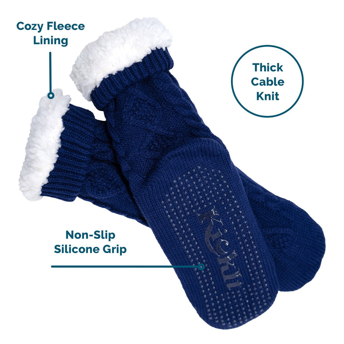 KickIt Navy Blue Hospital Slipper Socks on a white background. Cozy fleece lining. Thick cable knit. Non-slip silicone grip.