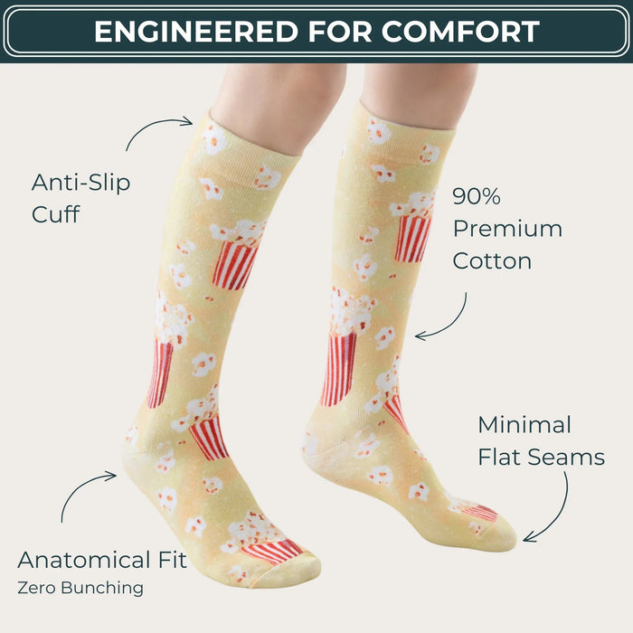 Lairos Cinema Pop Kids' AFO Socks side worn on model on a white background. Text on image: Engineered for comfort. Anti-Slip Cuff. 90% Premium Cotton. Minimal Flat Seams. Anatomical Fit Zero Bunching.