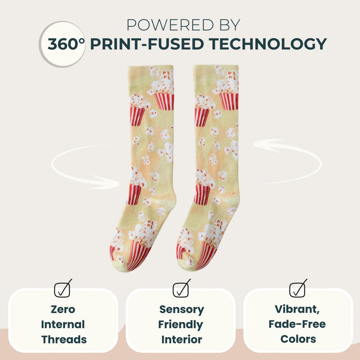 Lairos Cinema Pop Kids' AFO Socks on a white background. Text on image: Powered by 360° Print-Fused Technology. Zero Internal Threads. Sensory Friendly Interior. Vibrant, Fade-Resistance Colors