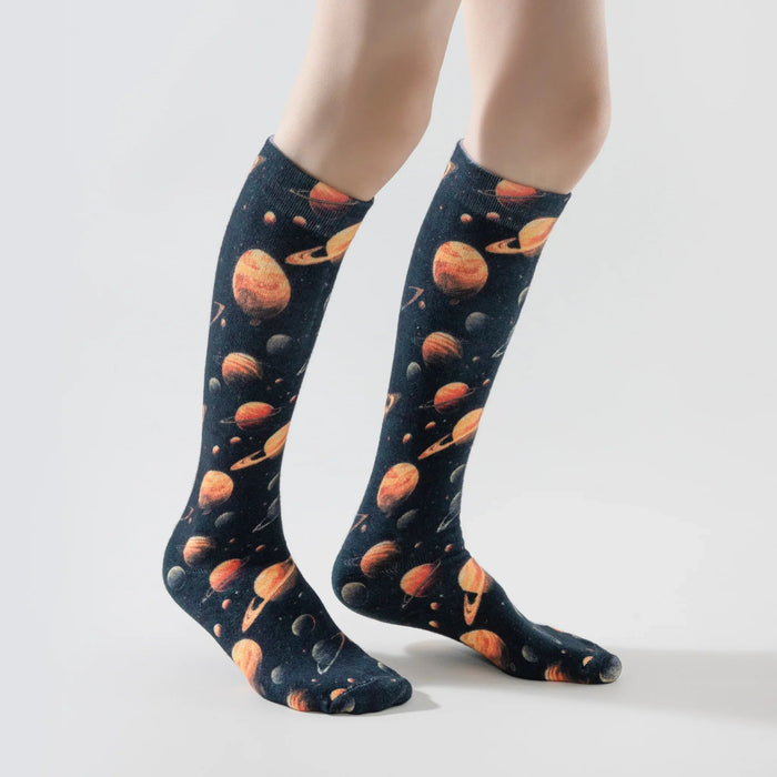 Lairos Deep Galaxy Kids' AFO Socks side worn on model on a white background