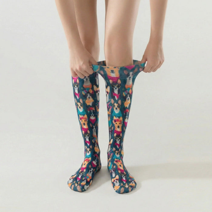 Lairos Folk Dogs Youth / Women's AFO Socks worn on model as they stretch the collar on a white background