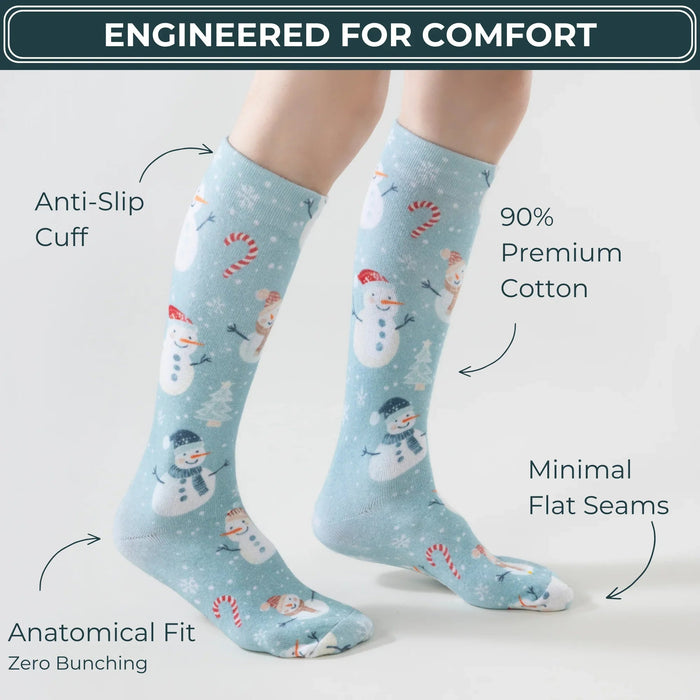 Lairos Frosted Snowman Kids' AFO Socks side worn on model on a white background. Text on image: Engineered for comfort. Anti-Slip Cuff. 90% Premium Cotton. Minimal Flat Seams. Anatomical Fit Zero Bunching.