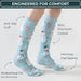 Lairos Frosted Snowman Kids' AFO Socks side worn on model on a white background. Text on image: Engineered for comfort. Anti-Slip Cuff. 90% Premium Cotton. Minimal Flat Seams. Anatomical Fit Zero Bunching.