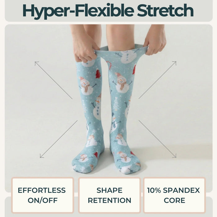Lairos Frosted Snowman Kids' AFO Socks worn on model as they stretch the collar on a white background. Text on image: Hyper-Flexible Stretch. Effortless On/Off. Shape Retention. 10% Spandex Core.