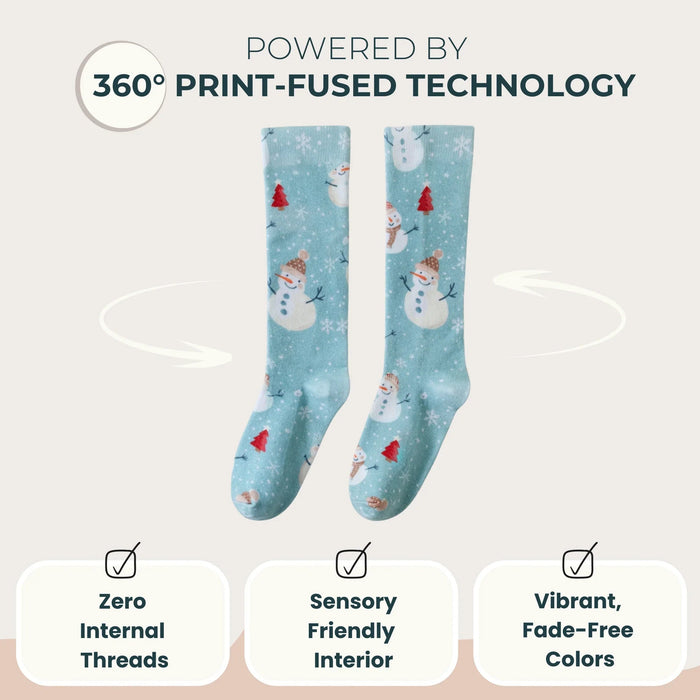 Lairos Frosted Snowman Kids' AFO Socks on a white background. Text on image: Powered by 360° Print-Fused Technology. Zero Internal Threads. Sensory Friendly Interior. Vibrant, Fade-Resistance Colors