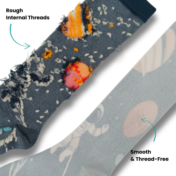 Lairos Kids' AFO Socks on a white background. Text on image: Rough Internal Threads for non-Lairos Socks. Smooth & Thread-Free Lairos Socks.