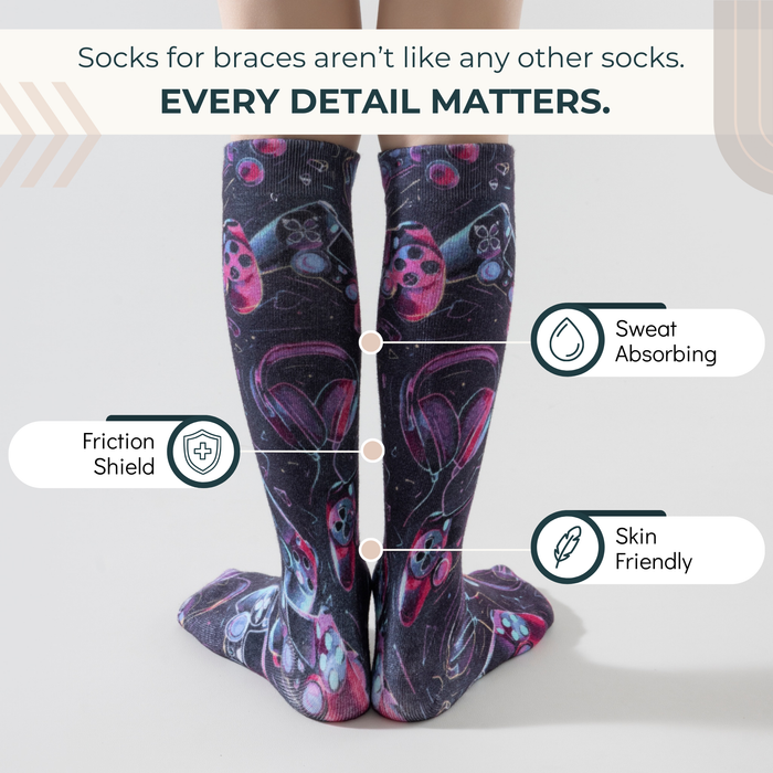 Lairos Level Up Youth / Women's AFO Socks back worn on model on a white background. Text on image: Socks for braces aren't like any other socks. Every detail matters. Sweat Absorbing. Friction Shield. Skin Friendly.