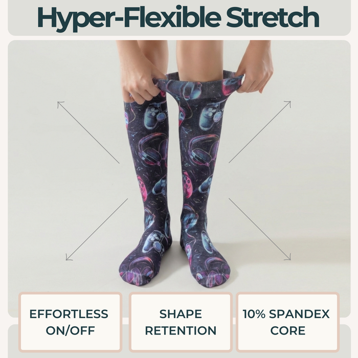 Lairos Level Up Youth / Women's AFO Socks worn on model as they stretch the collar on a white background. Text on image: Hyper-Flexible Stretch. Effortless On/Off. Shape Retention. 10% Spandex Core.
