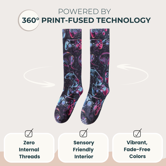 Lairos Level Up Youth / Women's AFO Socks on a white background. Text on image: Powered by 360° Print-Fused Technology. Zero Internal Threads. Sensory Friendly Interior. Vibrant, Fade-Resistance Colors
