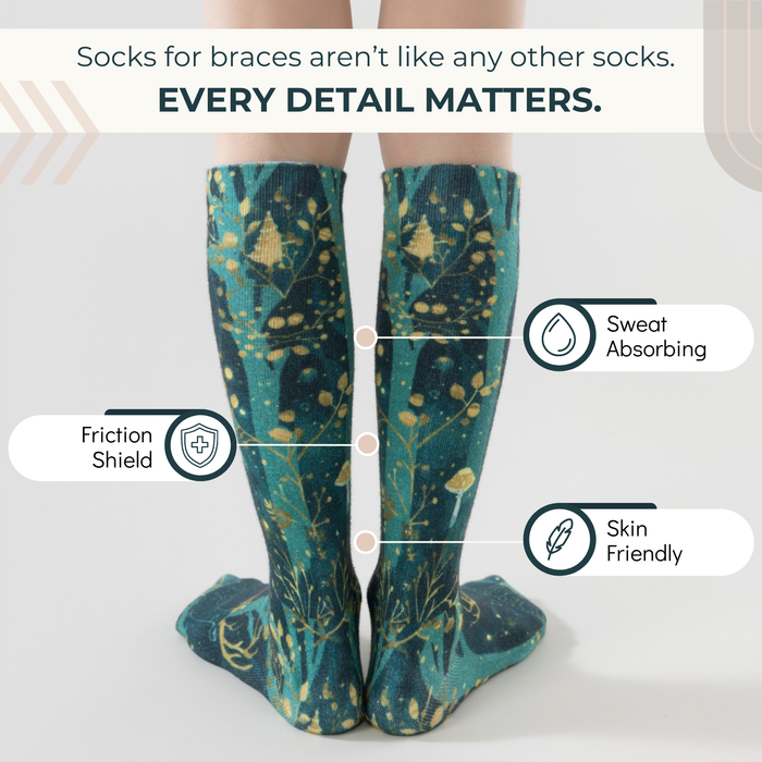 Lairos Magical Forest Kids' AFO Socks back worn on model on a white background. Text on image: Socks for braces aren't like any other socks. Every detail matters. Sweat Absorbing. Friction Shield. Skin Friendly.